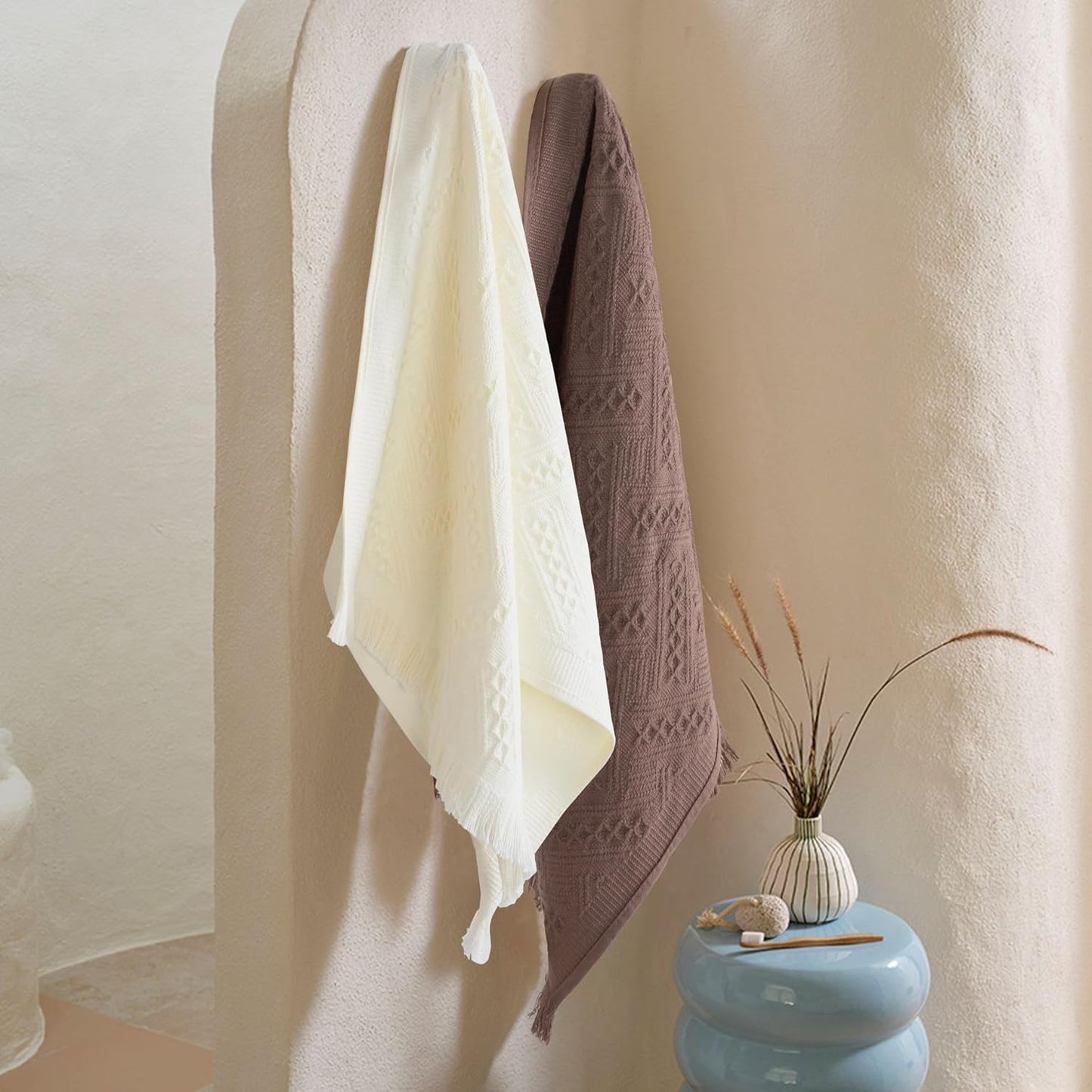 Luxury Decorative Hand Towels Bathroom: 2 Packs 14X30 100% Cotton Turkish Absorbent Soft Face Towel Set for Boho Bathroom Decor Kitchen Hotel Spa Farmhouse Guest Tea Gift (Cream White, 14"x30")