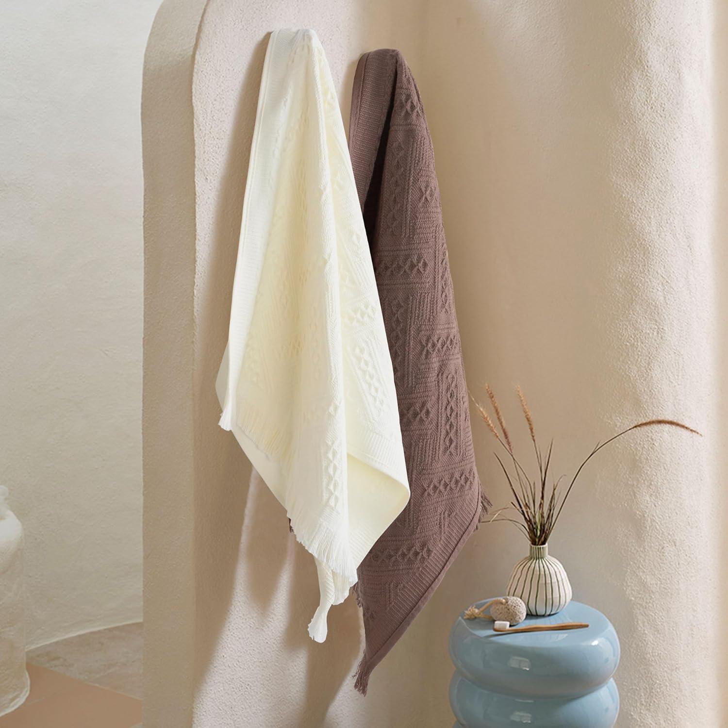 Luxury Decorative Hand Towels Bathroom: 2 Packs 14X30 100% Cotton Turkish Absorbent Soft Face Towel Set for Boho Bathroom Decor Kitchen Hotel Spa Farmhouse Guest Tea Gift (Cream White, 14"x30")