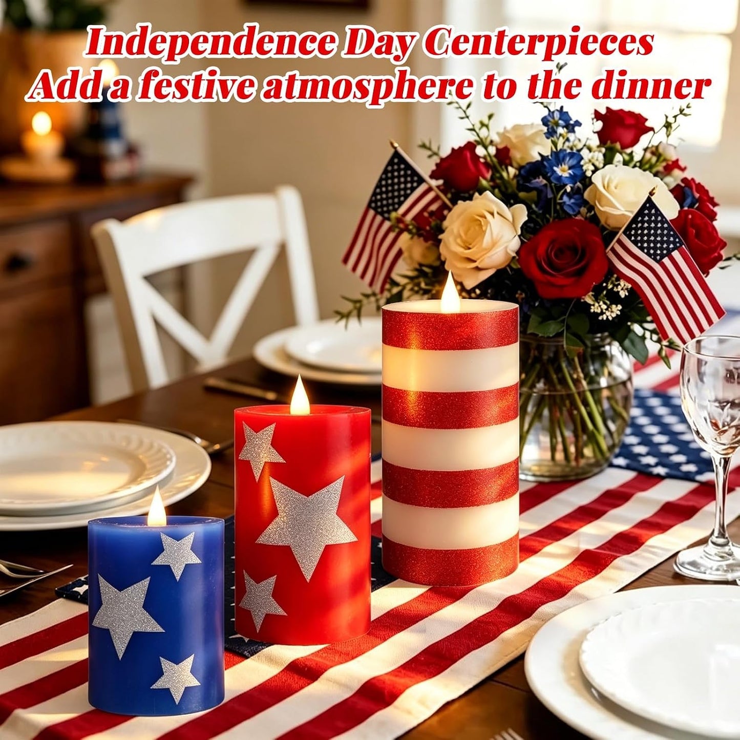Set of 3 Patriotic Flameless Candles, Red White and Blue Battery Operated Pillar Candles, Patriotic Candles for 4th of July Independence Day Home Decor