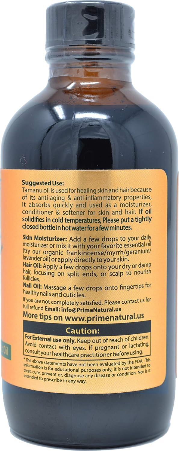 PRIME NATURAL Organic Tamanu Oil - USDA Certified, 100% Pure, Cold Pressed, Unrefined, Virgin (4oz / 120ml) For Face, Hair & Skin Care - Natural Moisturizer