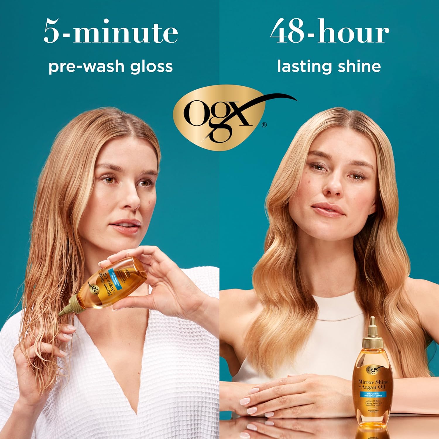 OGX Mirror Shine + Argan Oil Pre-Wash Hair Gloss, Smoothing Rinse Out Treatment for 48 Hours of Glossy Shine* & Nourishing Repair, Lightweight Hair Oil Mends Split Ends*, 4 fl. oz