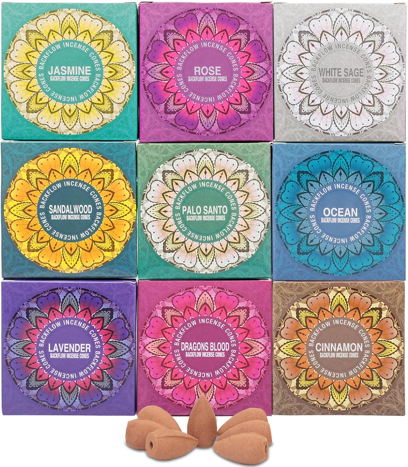 Set of 9 Backflow Incense Cones Gift Variety Pack - White Sage, Dragons Blood, Palo Santo, Jasmine, Lavender, Ocean, Sandalwood, Cinnamon, Rose for Waterfall Aromatic Smoke Fountain Haze Falls