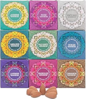 Set of 9 Backflow Incense Cones Gift Variety Pack - White Sage, Dragons Blood, Palo Santo, Jasmine, Lavender, Ocean, Sandalwood, Cinnamon, Rose for Waterfall Aromatic Smoke Fountain Haze Falls