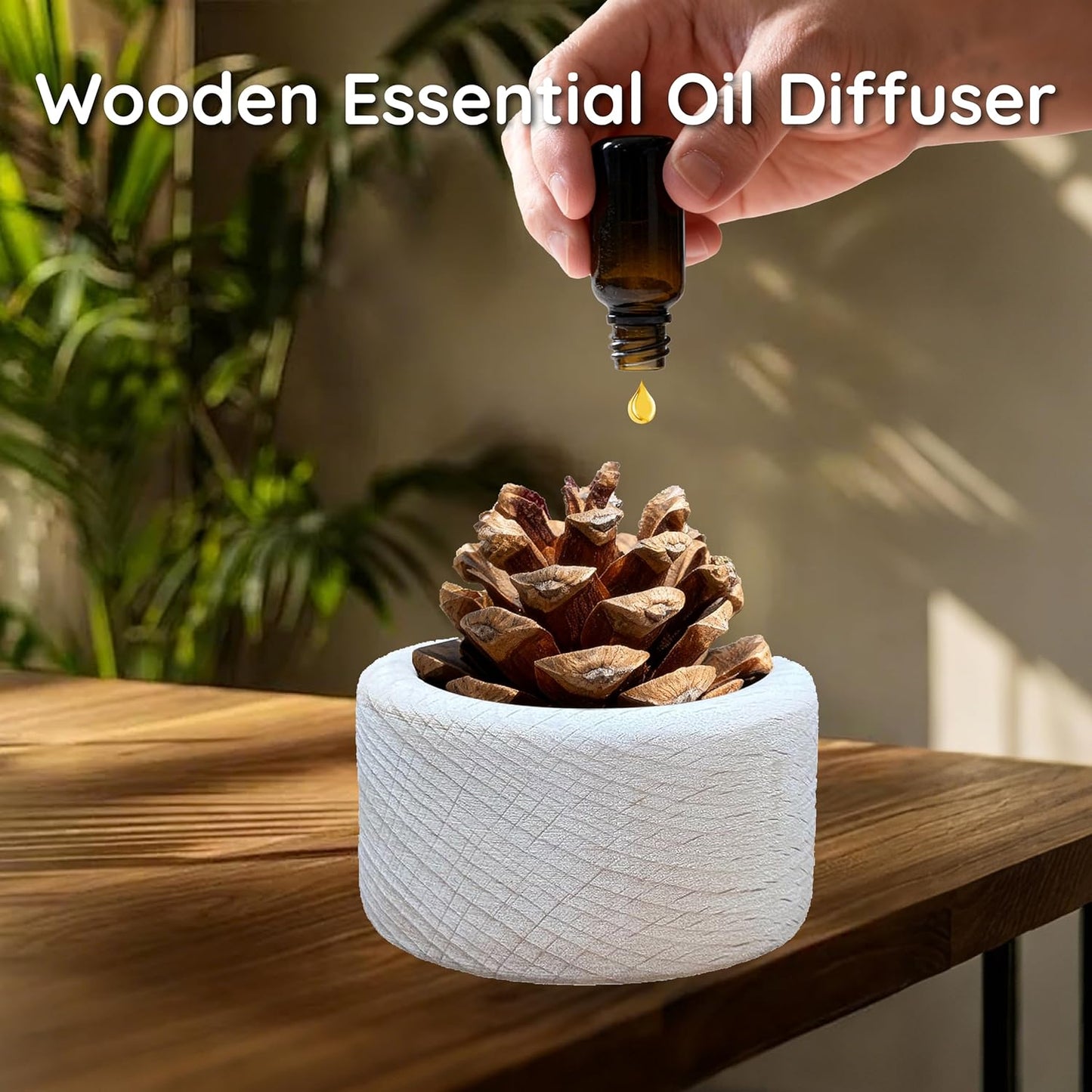 Wooden Essential Oil Diffuser - Small Cylinder Passive Diffuser, Beech Wood Aromatherapy Diffuser with Pine Cone & 20ml Essential Oils Great for Decorating at Desk, Office or Car