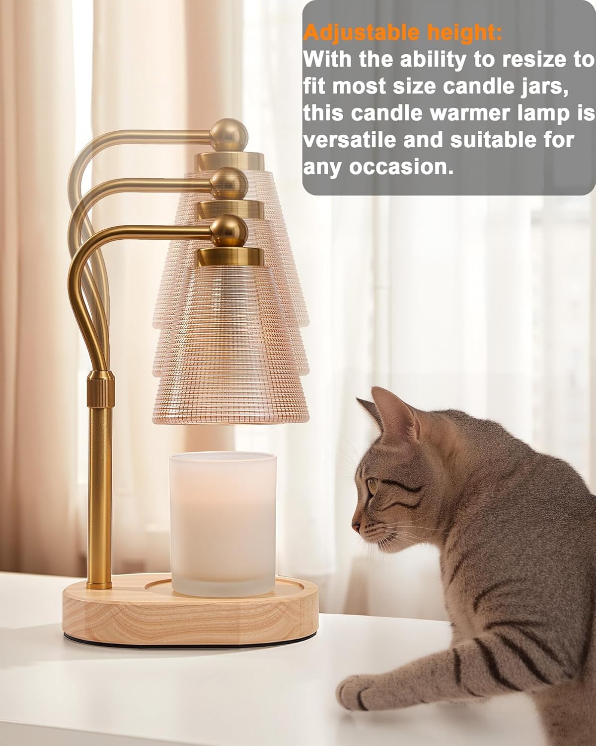 Candle Warmer Lamp with Timer - Adjustable Height & Brightness - Wood Base Glass Shade - 2 Bulbs Included(Oval Gold)