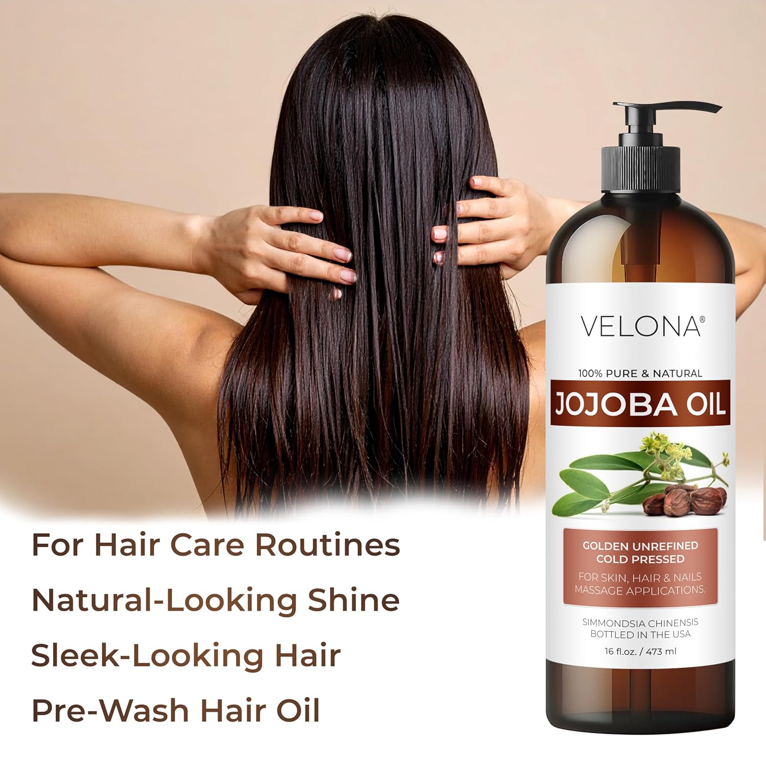 velona Jojoba Oil - 16 fl oz (With Pump) | 100% Pure and Natural | Golden, Unrefined, Cold Pressed, Hexane Free | Moisturizing Face, Hair, Body, Skin Care