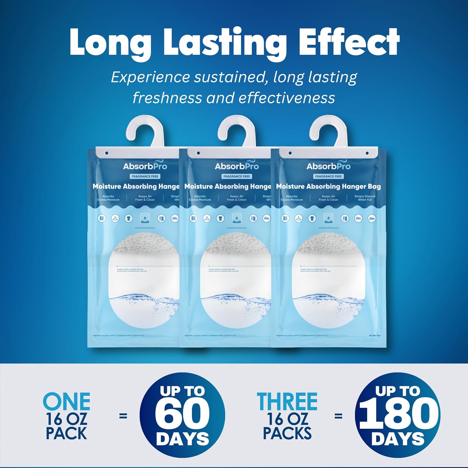 Absorb Pro - Moisture Absorbing Hanger Bag Fragrance Free - 3-Pack - 16 oz Hanging Dehumidifying Packs for Home, Kitchen, Bedroom, Bathroom, Closet, Small Rooms, Cars