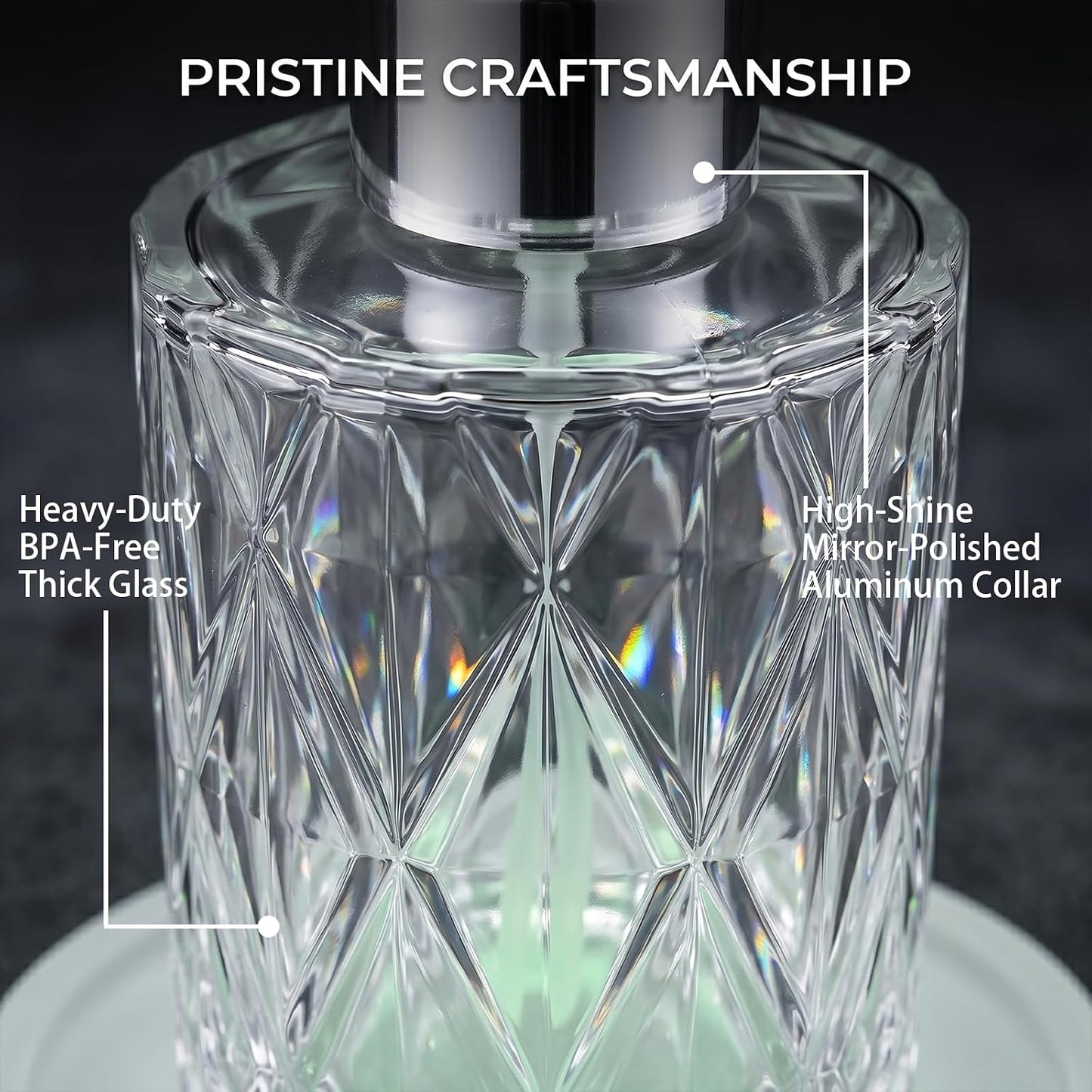 Glass Reed Diffuser Bottle Diamond Jar for Home Aromatherapy, Nightlight Glow Coaster & Cap, Luxury Bathroom Decor, Pairs with Soap Dispenser, 6.8oz Clear（Reeds Not Included）