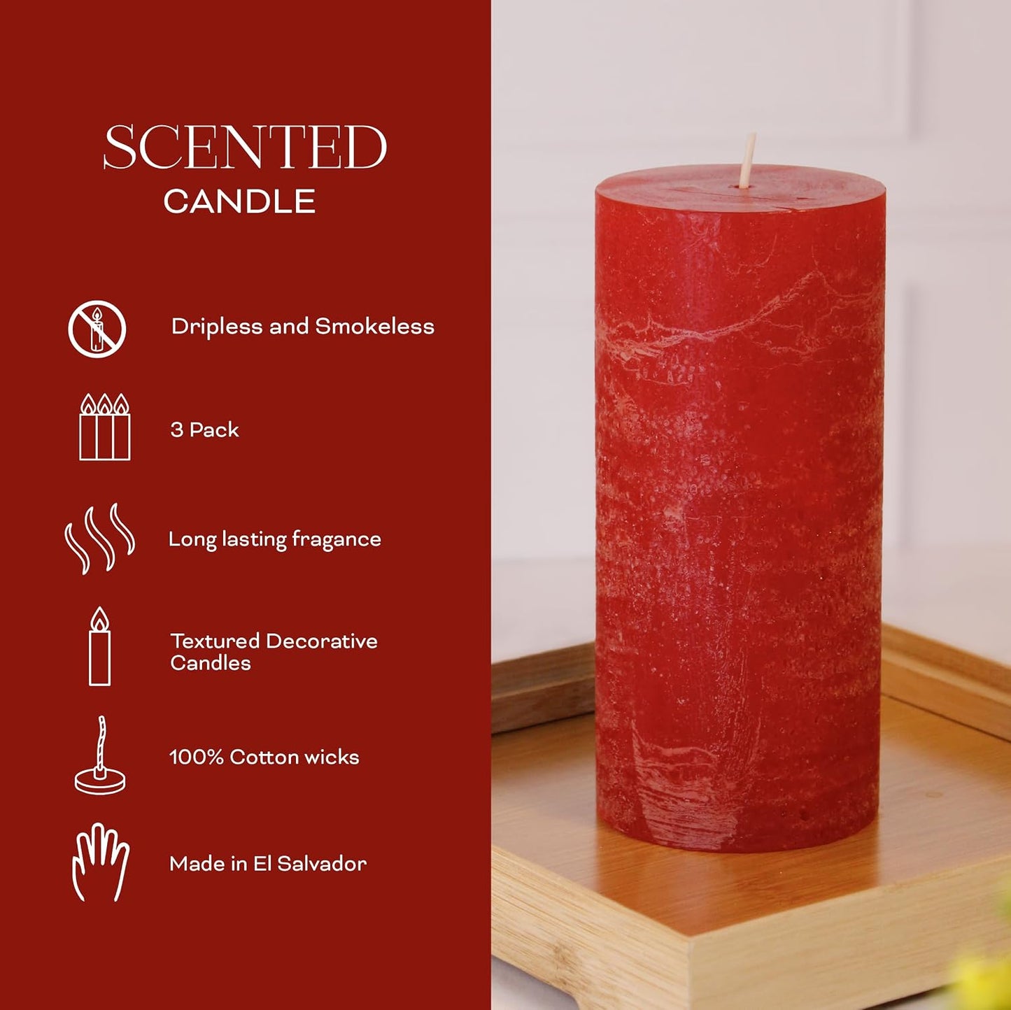 Apple Cinnamon Scented Red Pillar Candles – Set of 3 (3x6 Inch) – Long-Lasting Scented Candles for Home Décor, Aromatherapy & Gifts