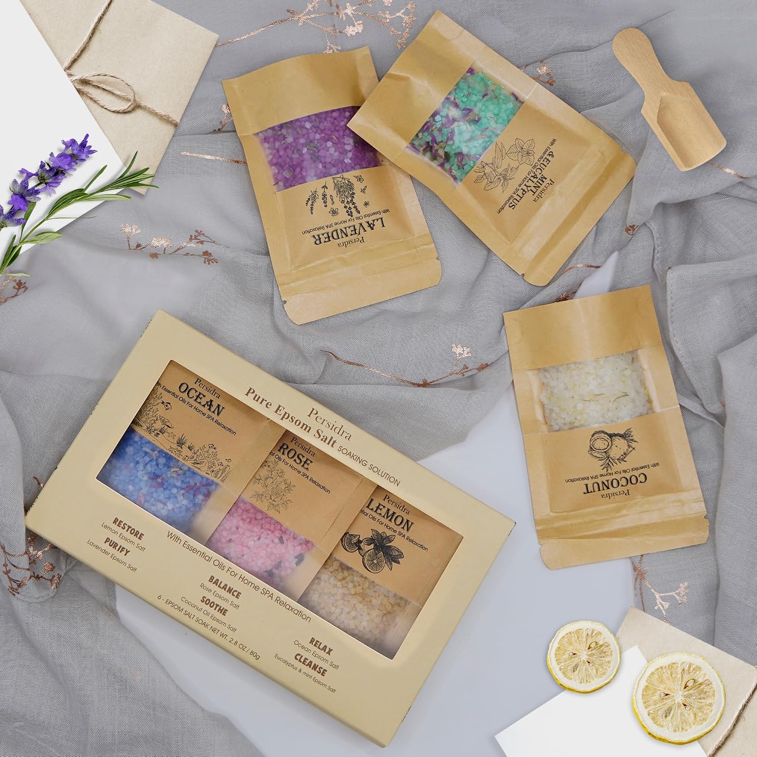 Bath Salts for Women Relaxing, Anniversary Birthday Gift Set, 6 Individually Wrapped with Natural Sea Salt, Minerals and Dried Flowers, Spa Bath & Foot Soak, Self Care for Women and Men, 6 Scents