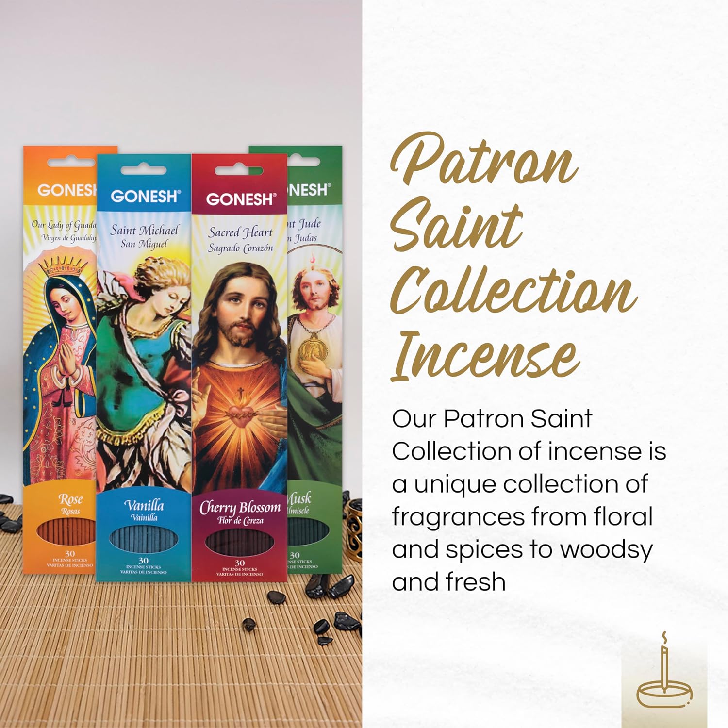 Gonesh Patron Saint Easter Collection - Incense Sticks Variety Pack - Non-Toxic 10” Slow Burn Aromatic Sticks - St. Jude, Our Lady of Guadalupe, St. Michael, Sacred Heart of Jesus - 30 Each