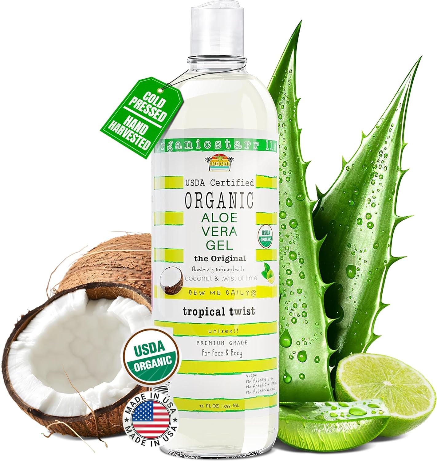 USDA Certified Organic Aloe Vera Gel 12 oz - 100% Pure, Cold Pressed, Hand Harvested, Infused with Coconut, Lime & Verbena Essential Oils, Chemical-Free - Skin & Hair Care, Made in USA