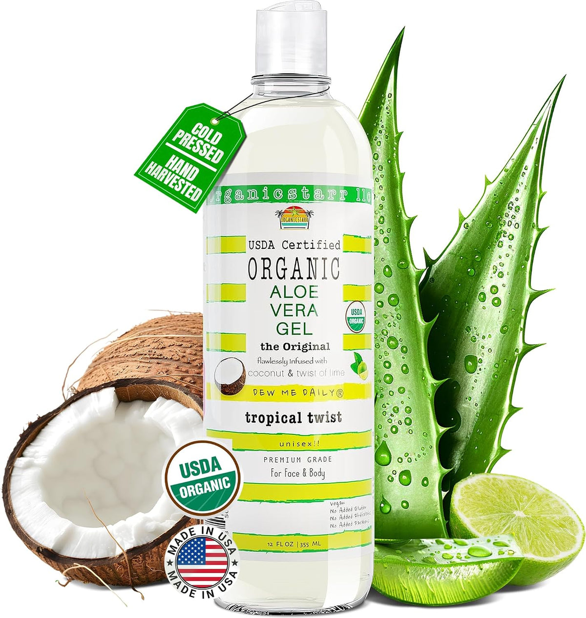 USDA Certified Organic Aloe Vera Gel 12 oz - 100% Pure