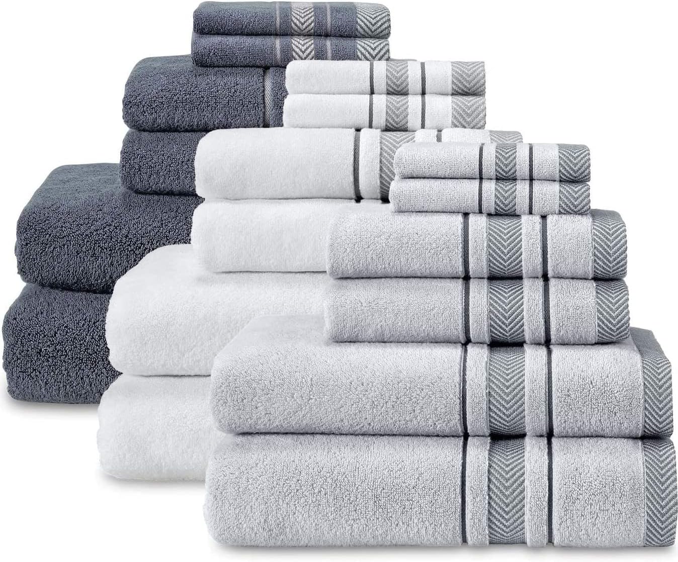 Bath Towels Set for Bathroom – Luxury 6-Piece Cotton Towels, Soft Absorbent & Quick Dry, 600 GSM Bath Towels for Bathroom, Hotel Spa Quality (2 Bath, 2 Hand, 2 Washcloths, White Grey Stripe)