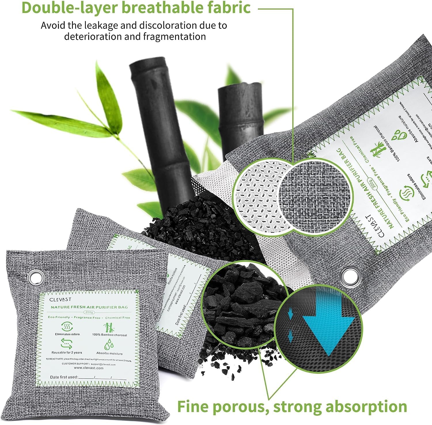 CLEVAST Bamboo Charcoal Air Purifying Bags - (Large, 4×200g), Removes Odors and Moisture, Nature Fresh Air Purifier Bags, Odor Eliminator for Home, Car, Pets, Bathroom, Basement