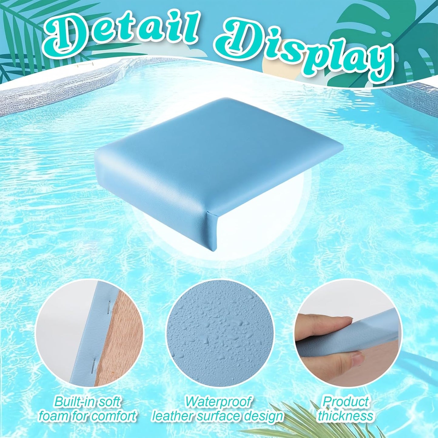 Novabright 2 Pcs 12 Inch Pool Seats for Edge of Pool Poolside Seating Mat with Soft Foam Pad Anti-Slip Cushion Waterproof Bath Seat Chair Light Blue Poolside Accessories for Summer Outdoor Beach
