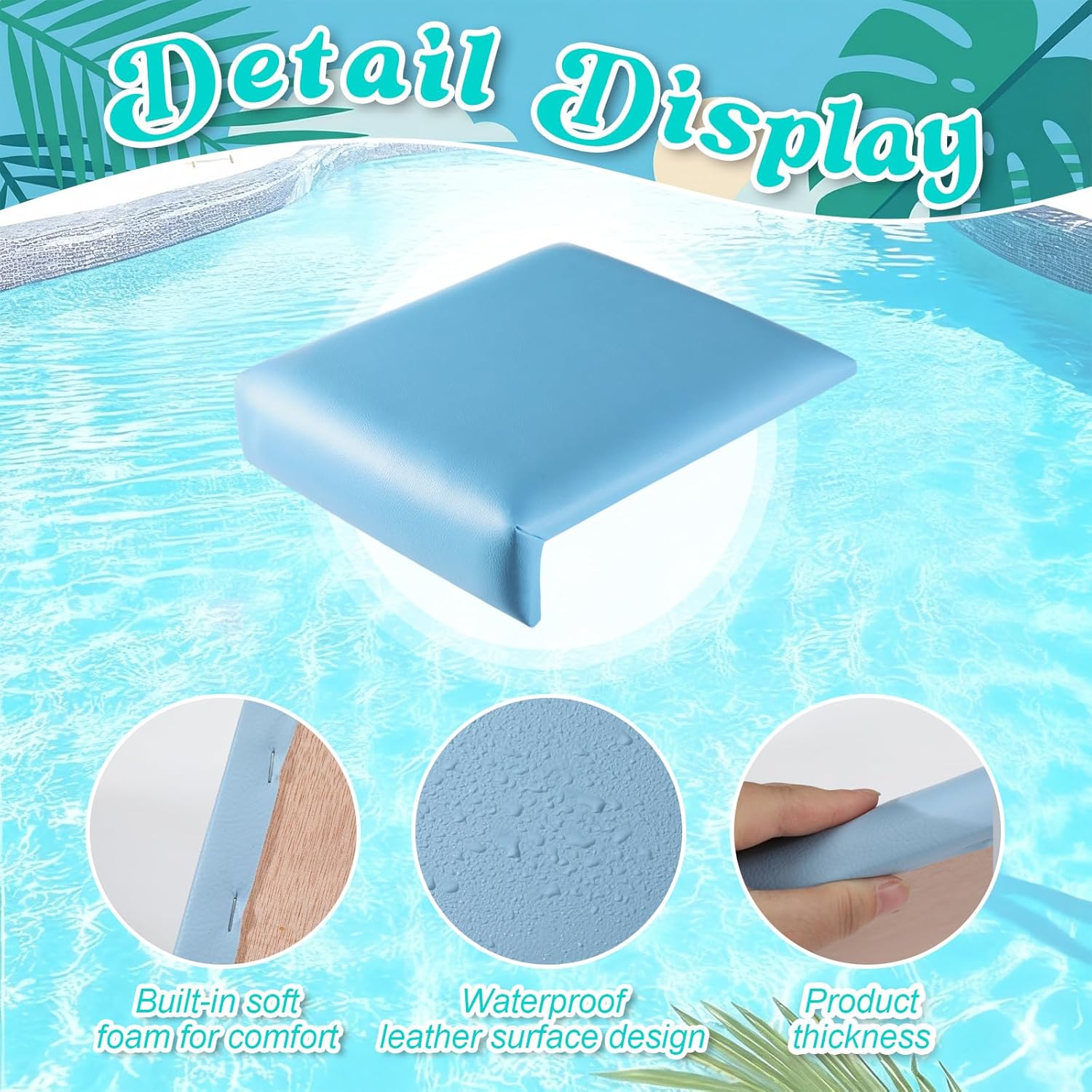 Novabright 2 Pcs 12 Inch Pool Seats for Edge of Pool Poolside Seating Mat with Soft Foam Pad Anti-Slip Cushion Waterproof Bath Seat Chair Light Blue Poolside Accessories for Summer Outdoor Beach