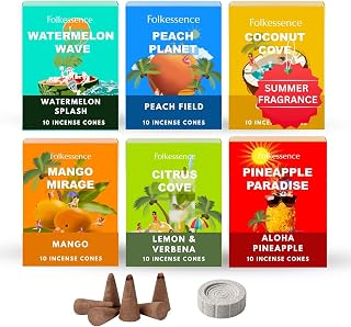 Folkulture Incense Cones (60 Cones) | Set of 6 Summer Vibes Fruit Incense Cones for Air Freshener, Relaxation, Aromatherapy Gifts | No Charcoal,Organic,Non Toxic Citrus,Coconut,Mango Inscents-Cones