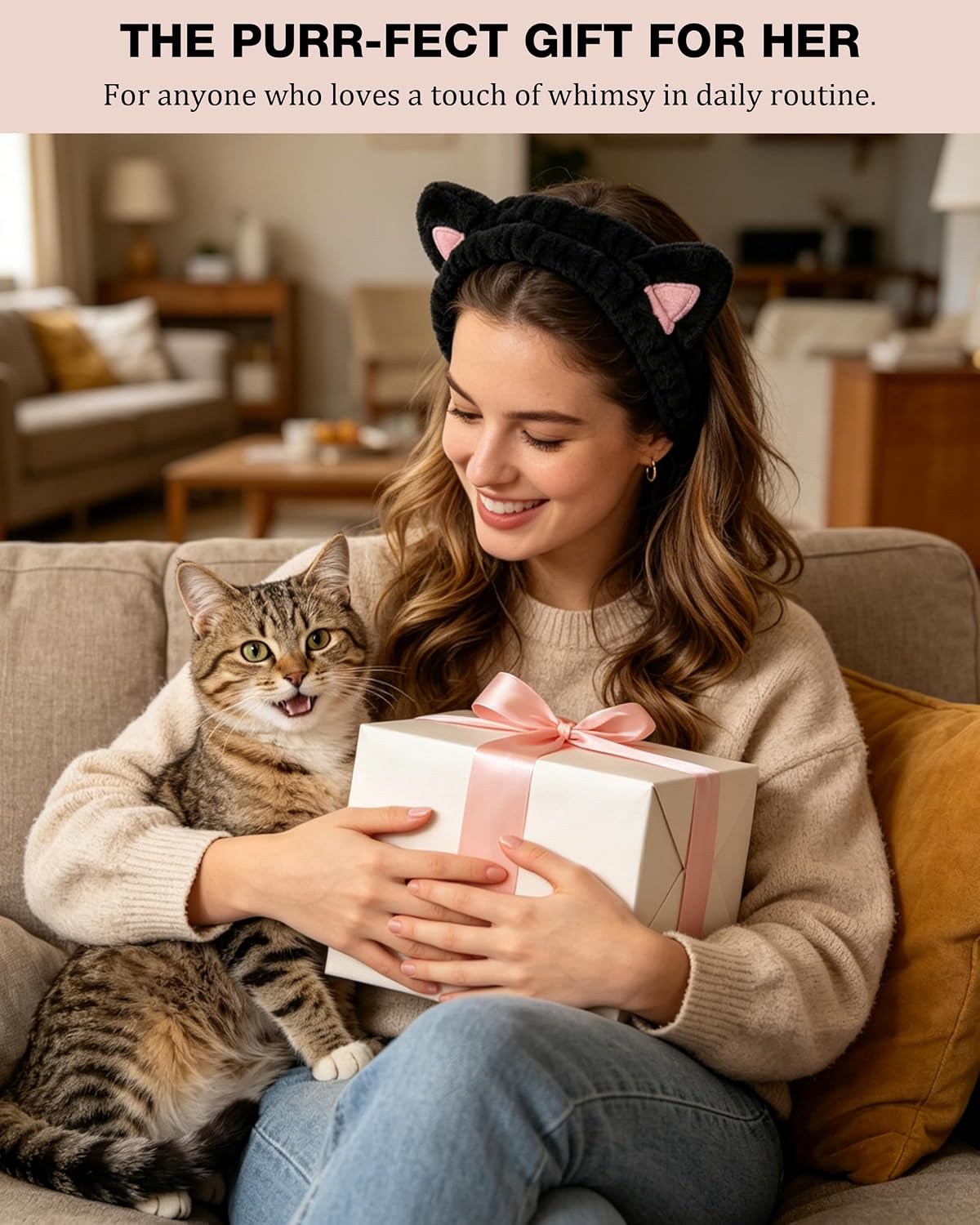 YOOVR 3pcs Spa Headband, Stocking Stuffers for Teen Girls, Skincare Face Wash Makeup Headband with Cat Ears, Cute Stuff Small Gifts for Women Cat Lovers Mom, Hair Accessories, Gift Basket Stuffers