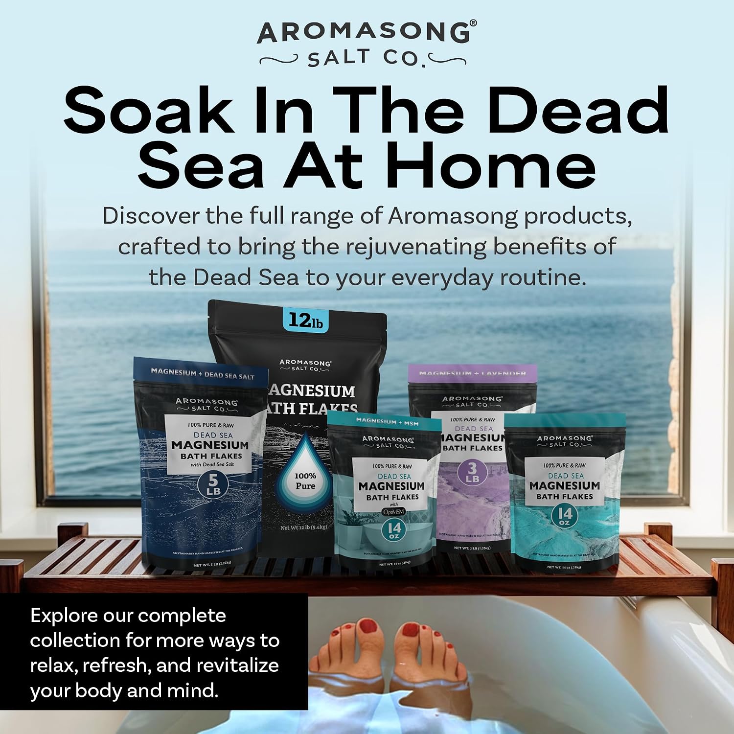 Aromasong Magnesium Flakes from The Dead Sea, 12 LB Resealable Black Bag - Muscle Relaxing Magnesium Chloride Bath Salts Soak for Headaches, Stress & Leg Discomfort
