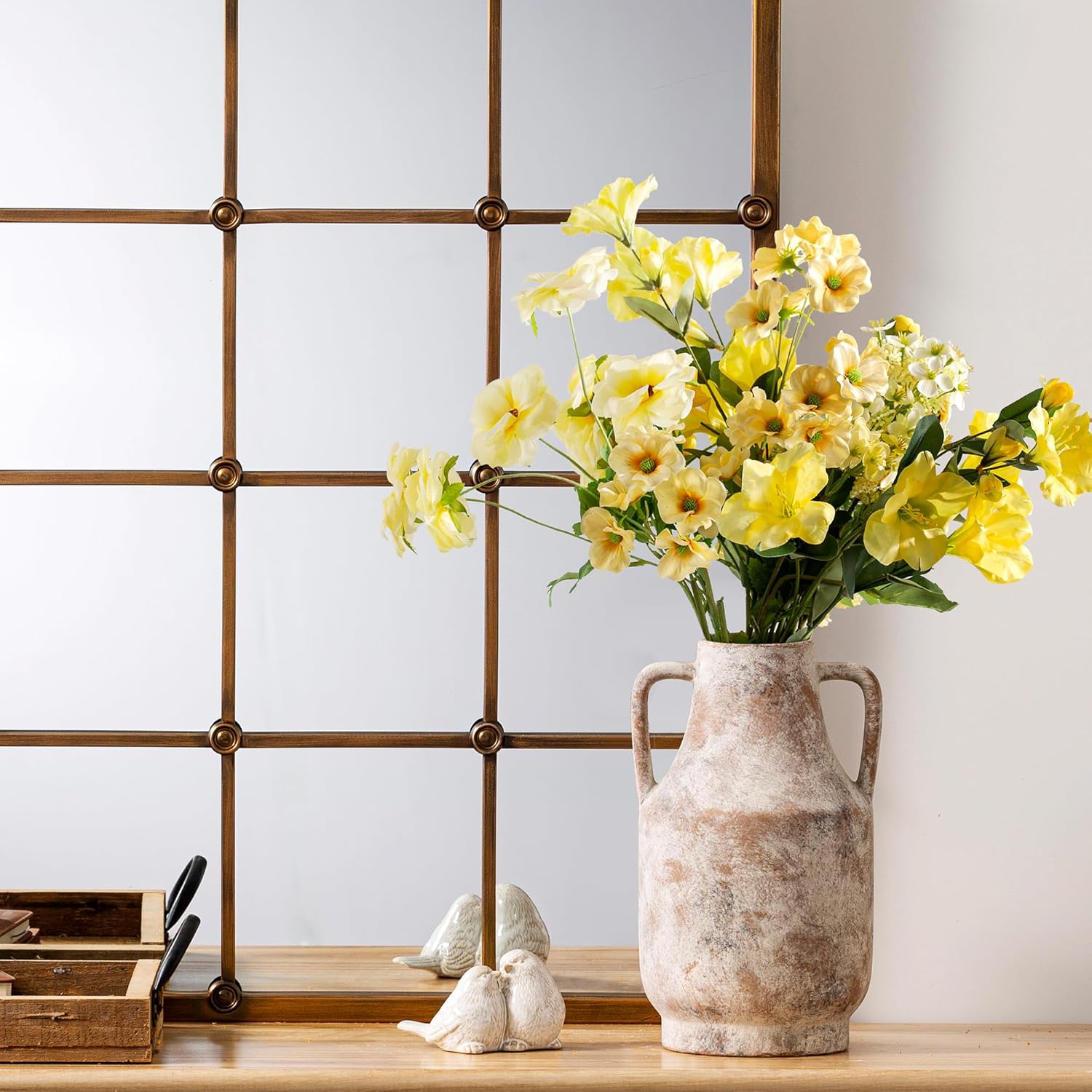Ceramic Flower Vase with Handles, 11 inch Tall Vase for Centerpieces, Large Decorative Terracotta Vases, Farmhouse Rustic Vases for Home Decor, Living Room, Table, Neutral