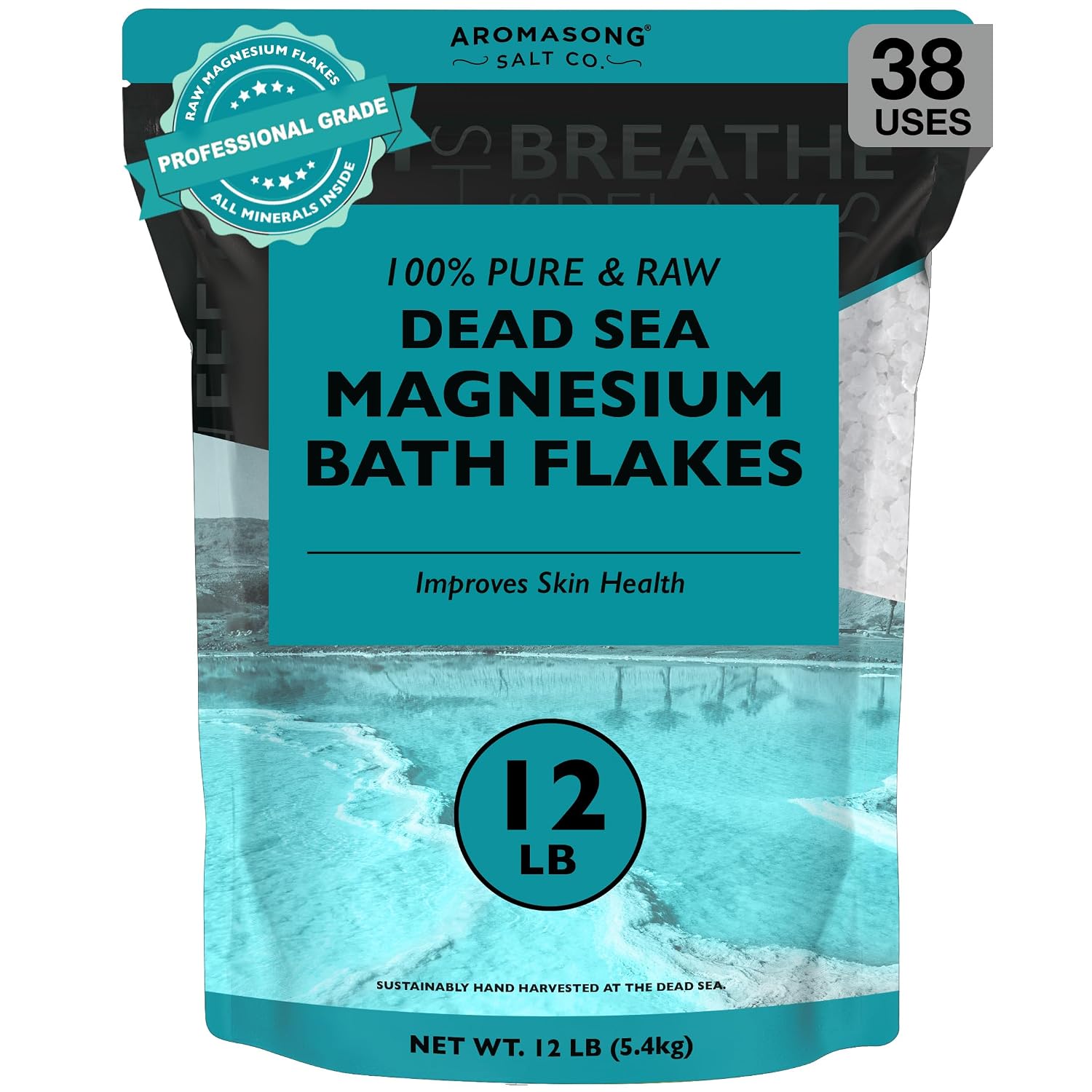 Aromasong Dead Sea Magnesium Flakes for Bath - 16,325 Mg Magnesium Chloride per Bath - Superior Alternative to Epsom Salt - Used as Muscle & Foot Soak - 12 Lb Bulk Bag