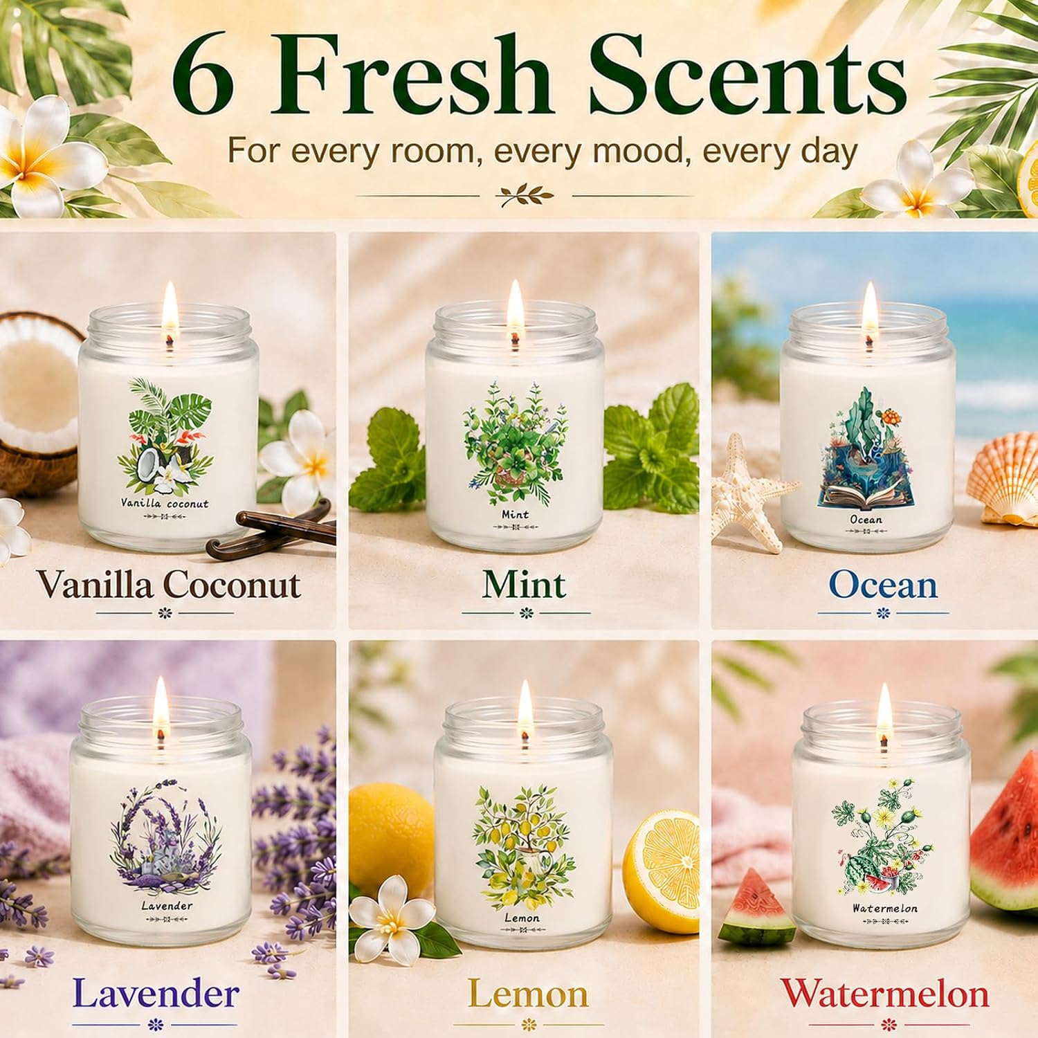 6 Pack Scented Candles Gift Set for Women, Soy Wax Jar Candles for Home, 37.8 oz Total Up to 300 Hours Burn Time, Fresh Scents - Lavender Lemon Mint Ocean Watermelon Vanilla Coconut
