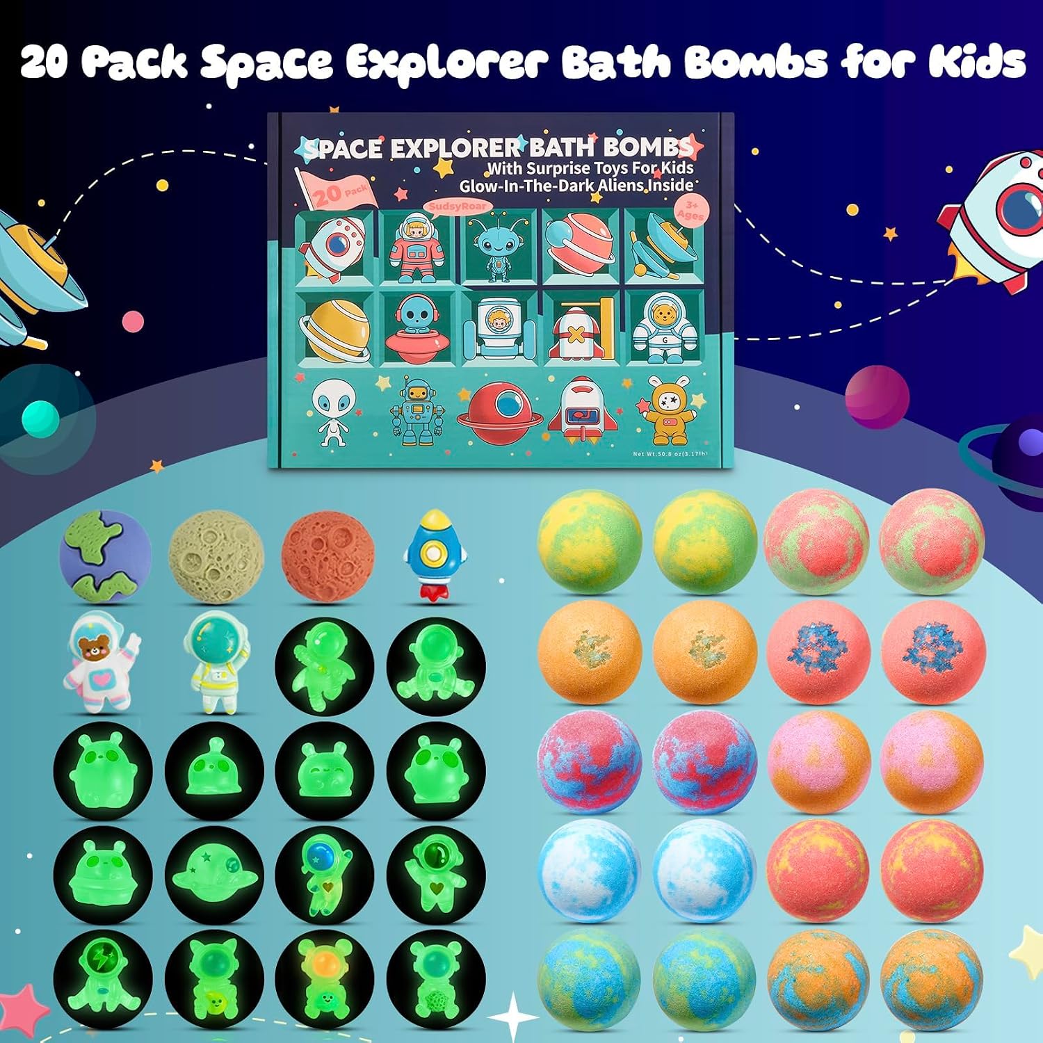 20 Pack Galaxy Bath Bombs for Kids with Space Explorer Toys, Cosmic Adventure Kids Bath Bombs with Astronauts, Rockets, Planets & Glow-in-The-Dark Aliens Inside,End-of-School Year Gifts