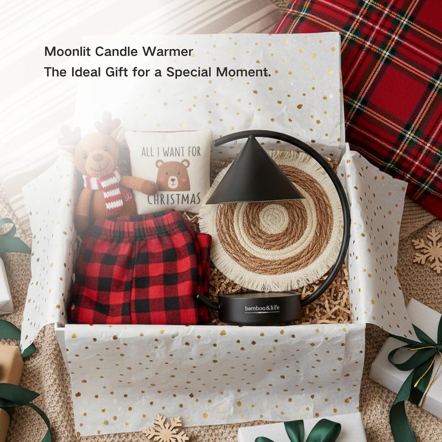 Moonlit TouchOn Candle Warmer,Eco-Luxury 5-Pc Gift Set incl. Fringe Mat&Wax Dish,Authentic Japan Design,Touch Dimmer,Real Bamboo Base,UL&ETL Certified,US Brand,Birthday&Housewarming Gift