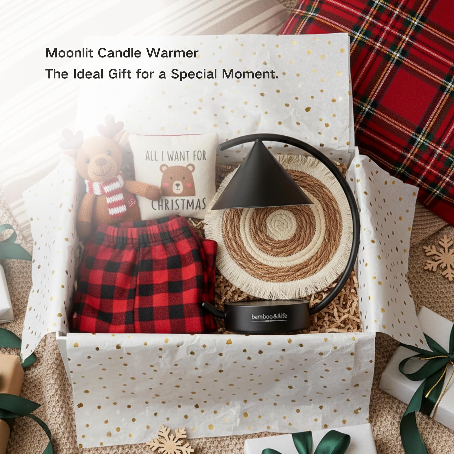 Moonlit TouchOn Candle Warmer,Eco-Luxury 5-Pc Gift Set incl. Fringe Mat&Wax Dish,Authentic Japan Design,Touch Dimmer,Real Bamboo Base,UL&ETL Certified,US Brand,Birthday&Housewarming Gift