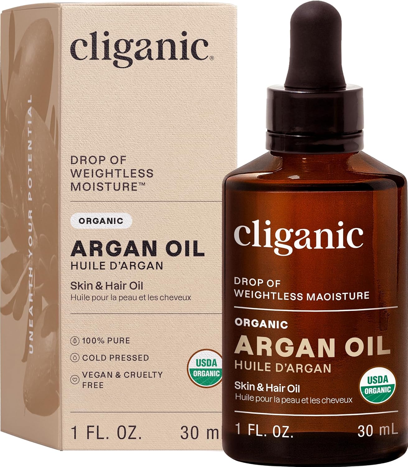 Cliganic Organic Argan Oil, 100% Pure (1oz) - for Hair, Face & Skin | Cold Pressed Carrier Oil
