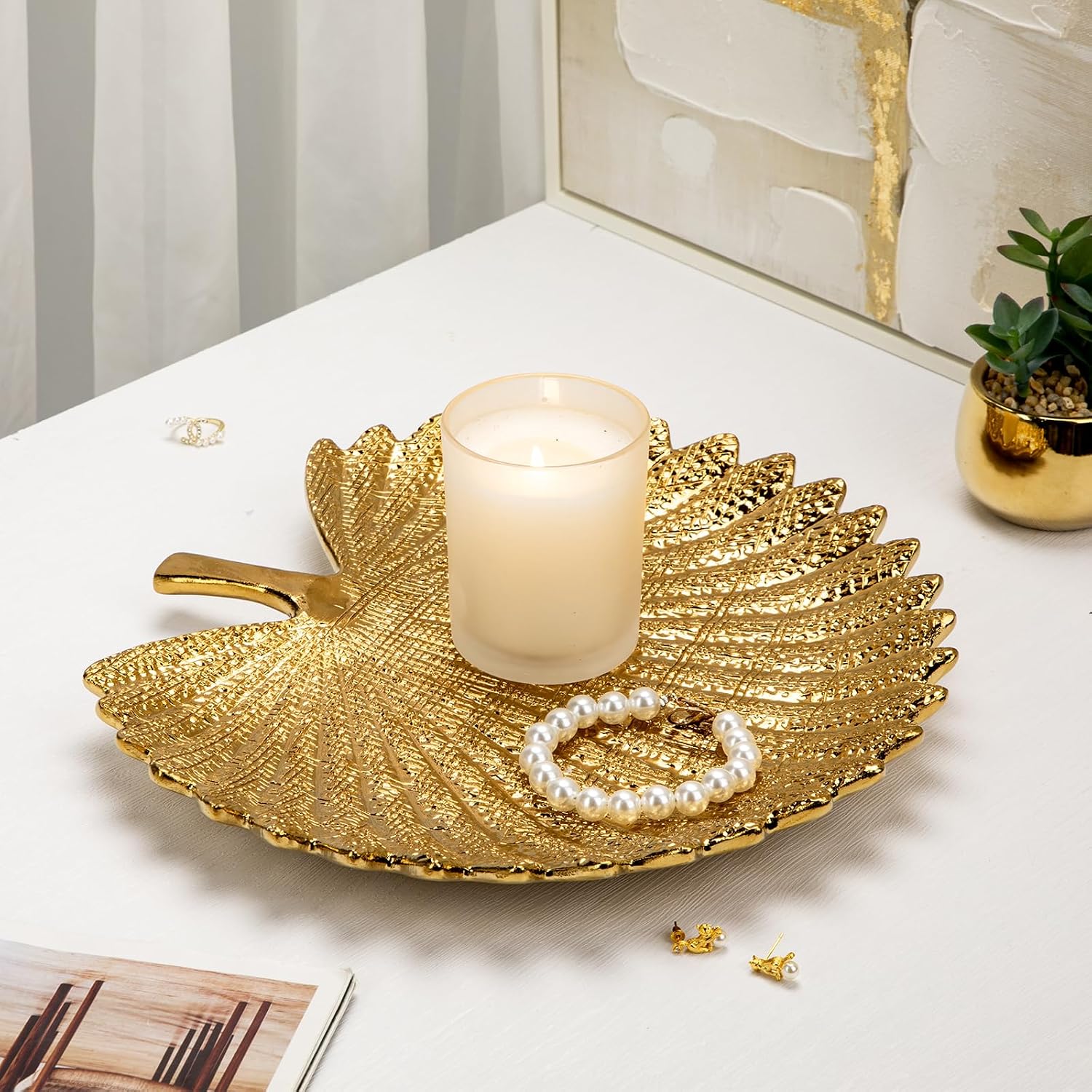 Gold Leaf Decorative Serving Tray for Table Centerpiece – 12" Ceramic Leaf-Shaped Trinket Dish, Candle Tray, Vanity Organizer, Coffee Table Decor, Modern Glam Home Decor, Gifts for Women