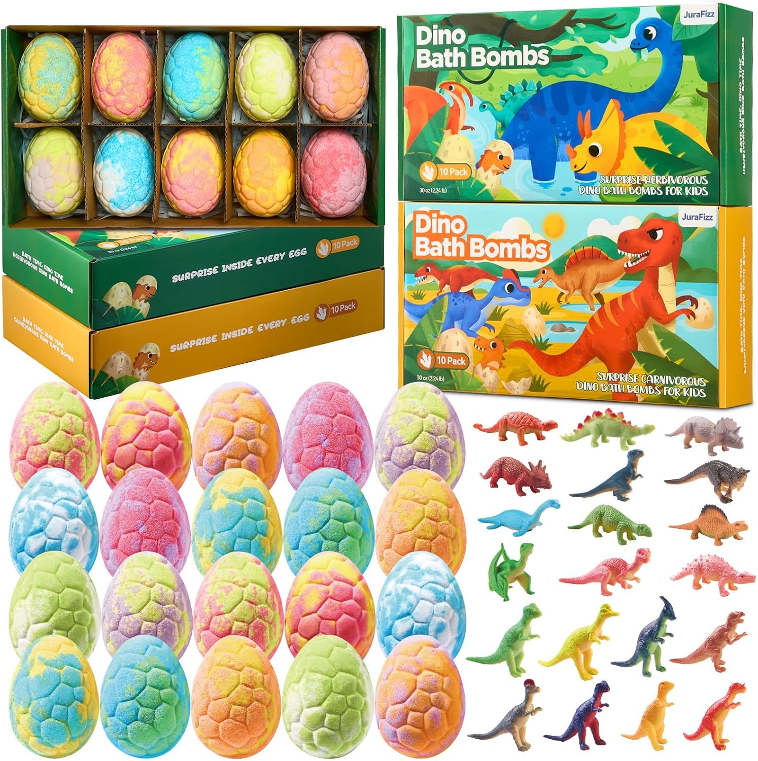Dinosaur Bath Bombs for Kids with Surprise Inside, 20 Pack Natural Dino Egg Bath Bombs with Exclusive Carnivorous & Herbivorous Dinosaur Toys, Easter Basket Stuffers Easter Gifts for Boys, Girls