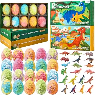 Dinosaur Bath Bombs for Kids with Surprise Inside, 20 Pack Natural Dino Egg Bath Bombs with Exclusive Carnivorous & Herbivorous Dinosaur Toys, Easter Basket Stuffers Easter Gifts for Boys, Girls