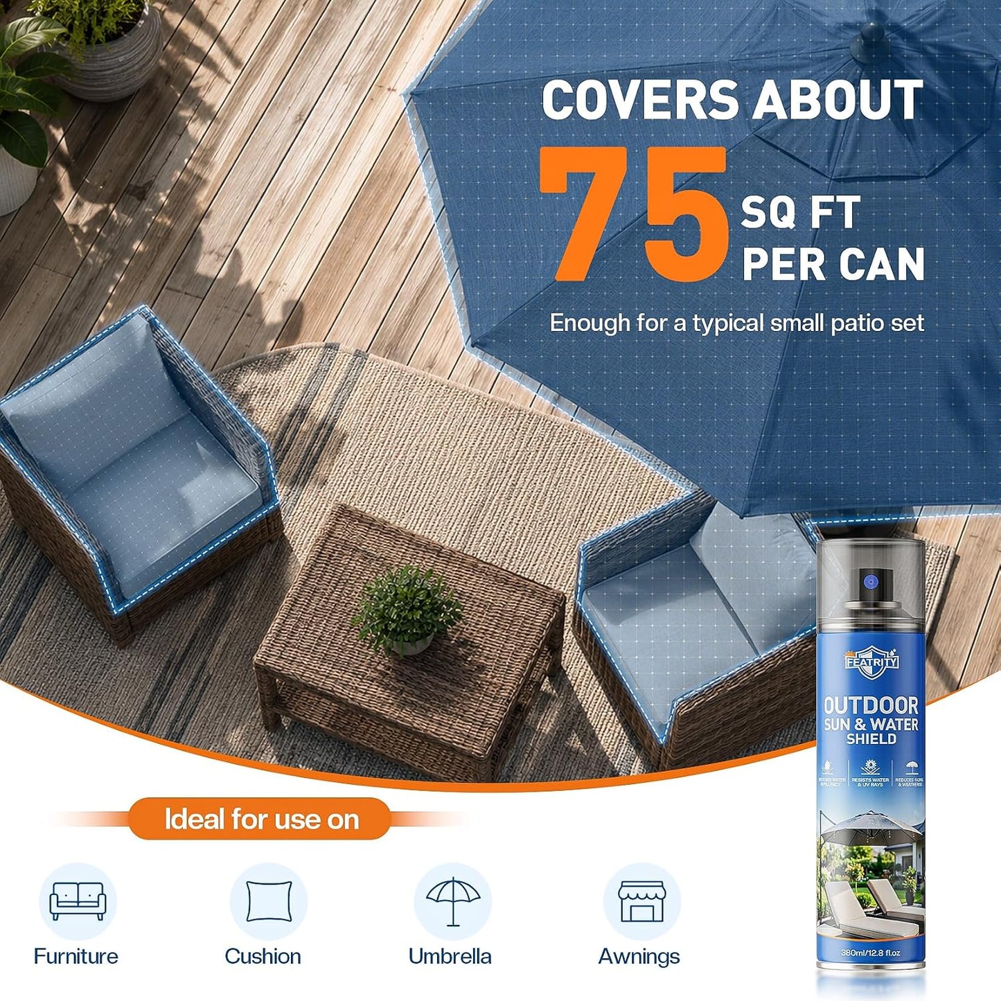 Outdoor Fabric Protector Spray: Heavy Duty Water-Repellent & UV Resistant for Patio Decor Cushions Upholstery Furniture Umbrellas - Invisible Sun and Water Shield, 12.8oz