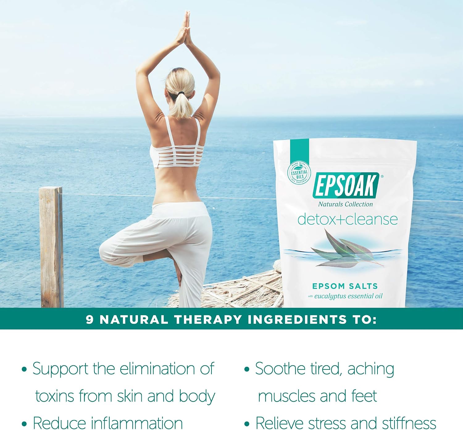 Epsoak Epsom Salt 2 lb. USP Magnesium Sulfate with Detox + Cleanse Scent Resealable Epsom Salt Bag, Made in The USA, Cruelty-Free Certified
