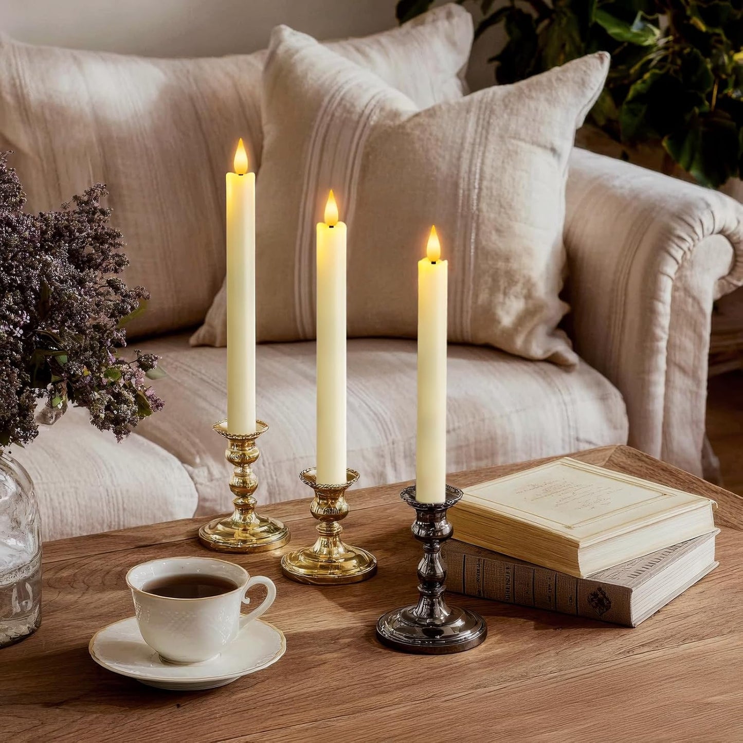 6 Pcs Flameless Taper Candles with Remote Timer Dimmer, 9.6 inches Ivory Plastic LED Candlesticks, Battery Operated LED Candles, for Indoor Home Wedding Christmas Decoration