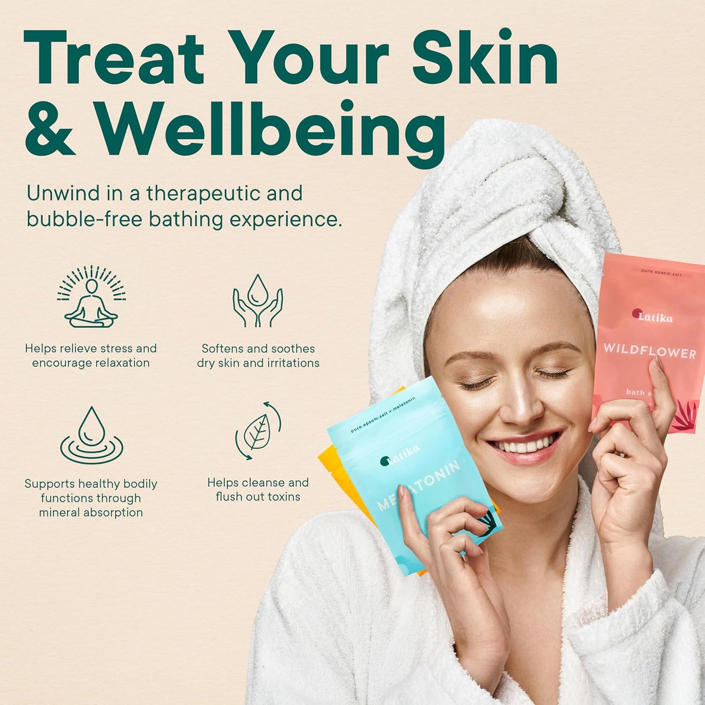 Latika Bath Soak Stress Relief Set of 3 - Wildflower, Melatonin, Vitamin C - Moisturizing Bath Soak with Epsom Salt & Essential Oils for Stress Relief, Muscle Recovery, & Relaxation - At-Home Spa