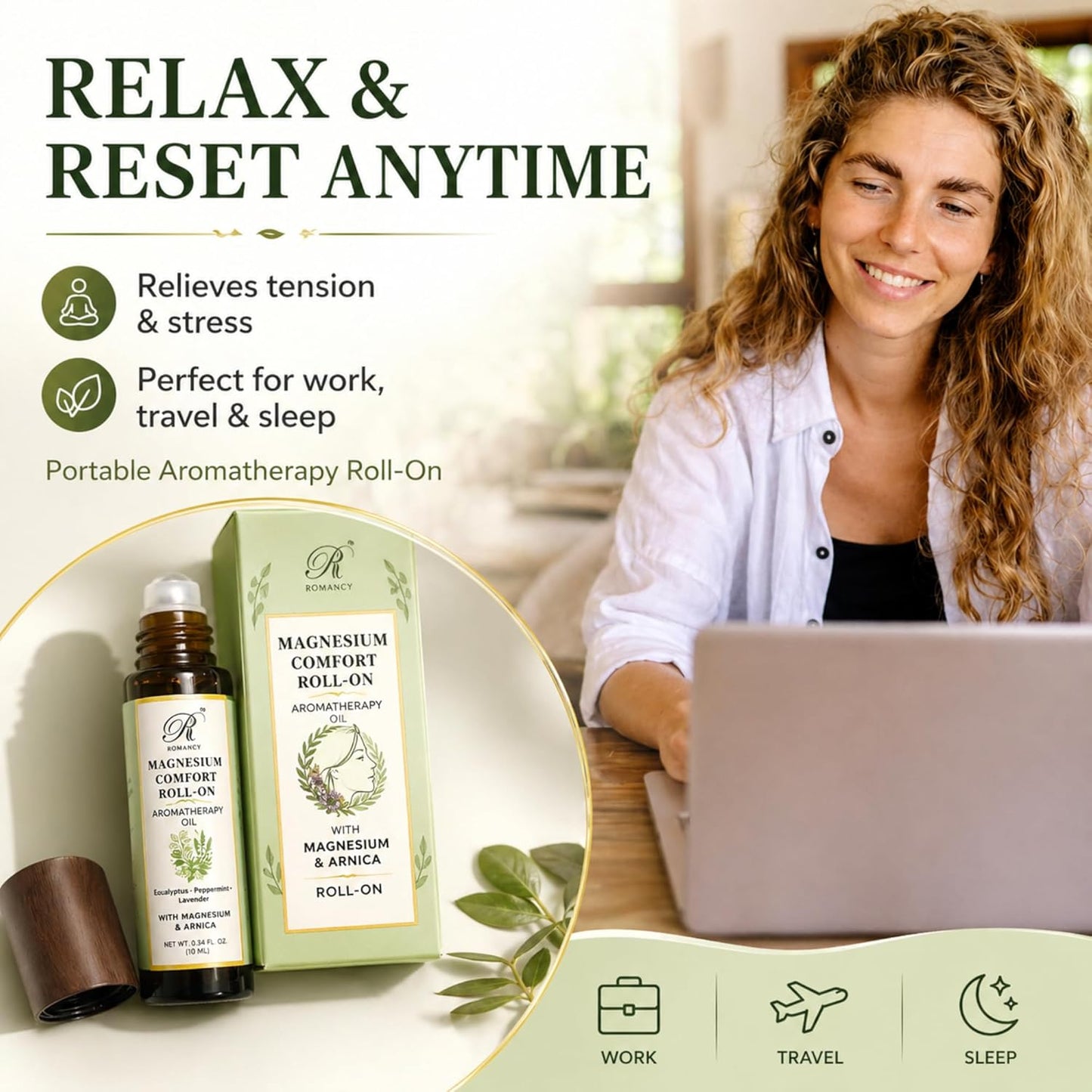 Migraine Relief Roll-On for Headache Relief with Magnesium & Arnica – Peppermint, Lavender & Eucalyptus Essential Oils – Cooling Aromatherapy Oil for Stress, Tension & Sinus Support – 10ml