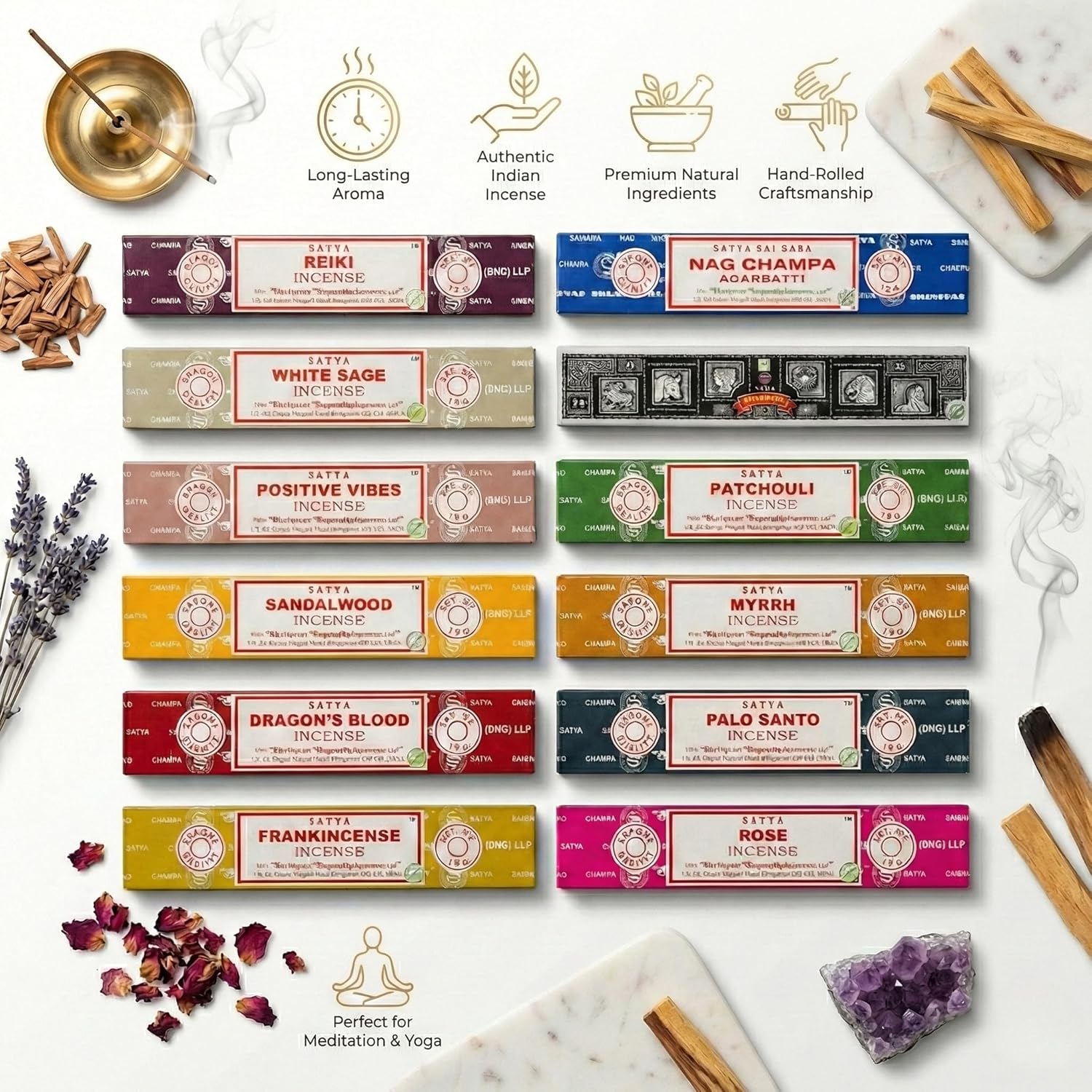 Earth Satya Assorted Incense 15g (Pack of 12) Nag Champa,Super Hit, Dragon's Blood, Palo Santo, Positive Vibes, White Sage, Patchouli, Myrrh, Frankincense, Reiki, Sandal Wood, Rose(Golden Mix)