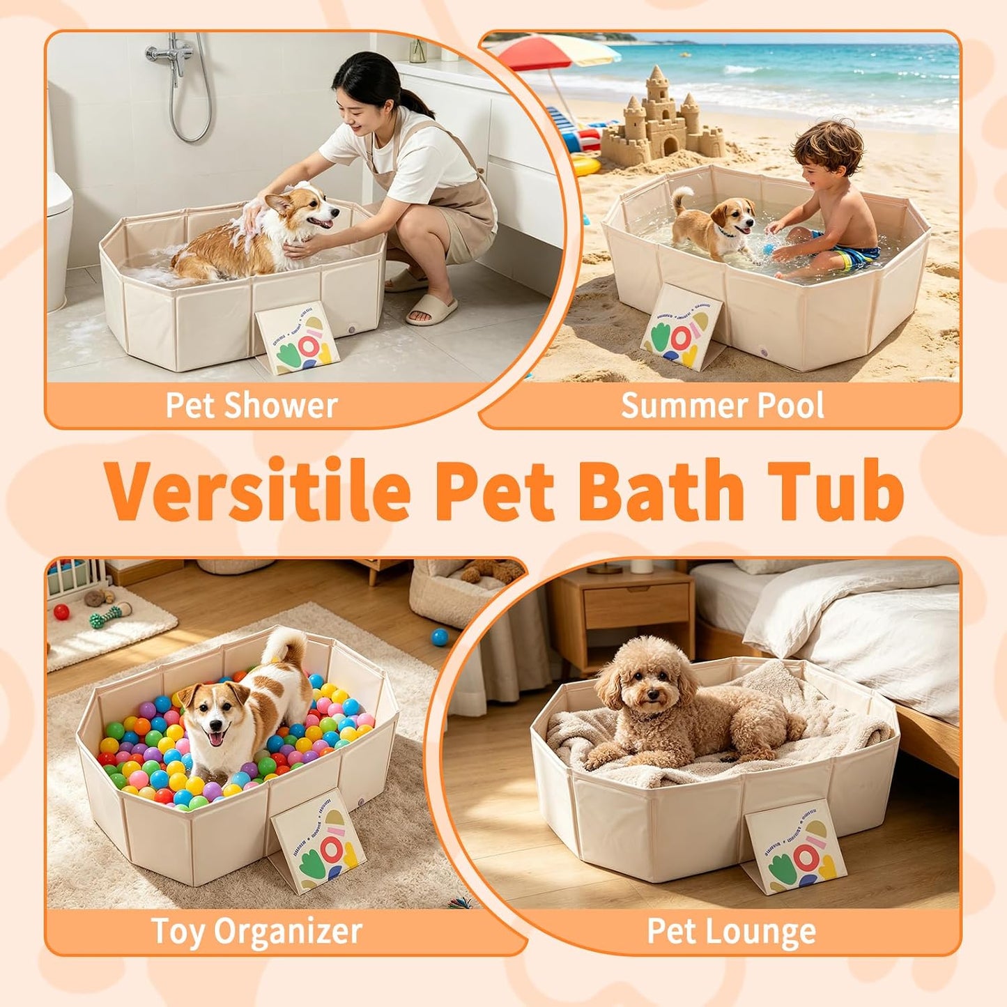 Foldable Dog Bathtub for Small to Medium Dogs & Cats, Portable Dog Tub with Drain Plug & Non-Slip PVC Bottom, Use as Shower Pet Bathtub or Puppy Pool, Fold Flat for Easy Carry & Storage (White)