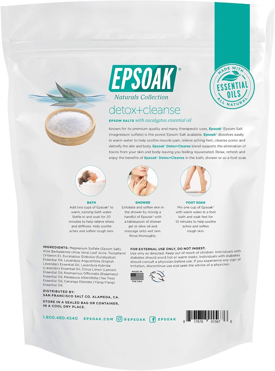 Epsoak Epsom Salt 2 lb. USP Magnesium Sulfate with Detox + Cleanse Scent Resealable Epsom Salt Bag, Made in The USA, Cruelty-Free Certified