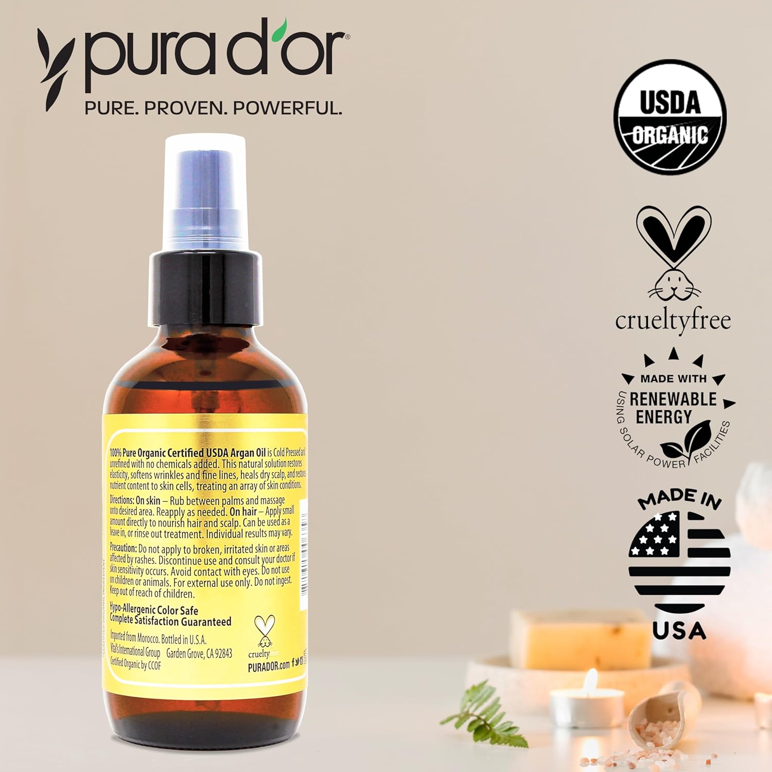 PURA D'OR USDA Organic Moroccan Argan Oil–100% Pure Cold-Pressed Virgin Grade–Treatment for Hair, Skin, Face, Body– Helps Dry Skin, Scalp Care, Split Ends, Nails & Cuticles 4 Oz - Hair Regrowth Tonic
