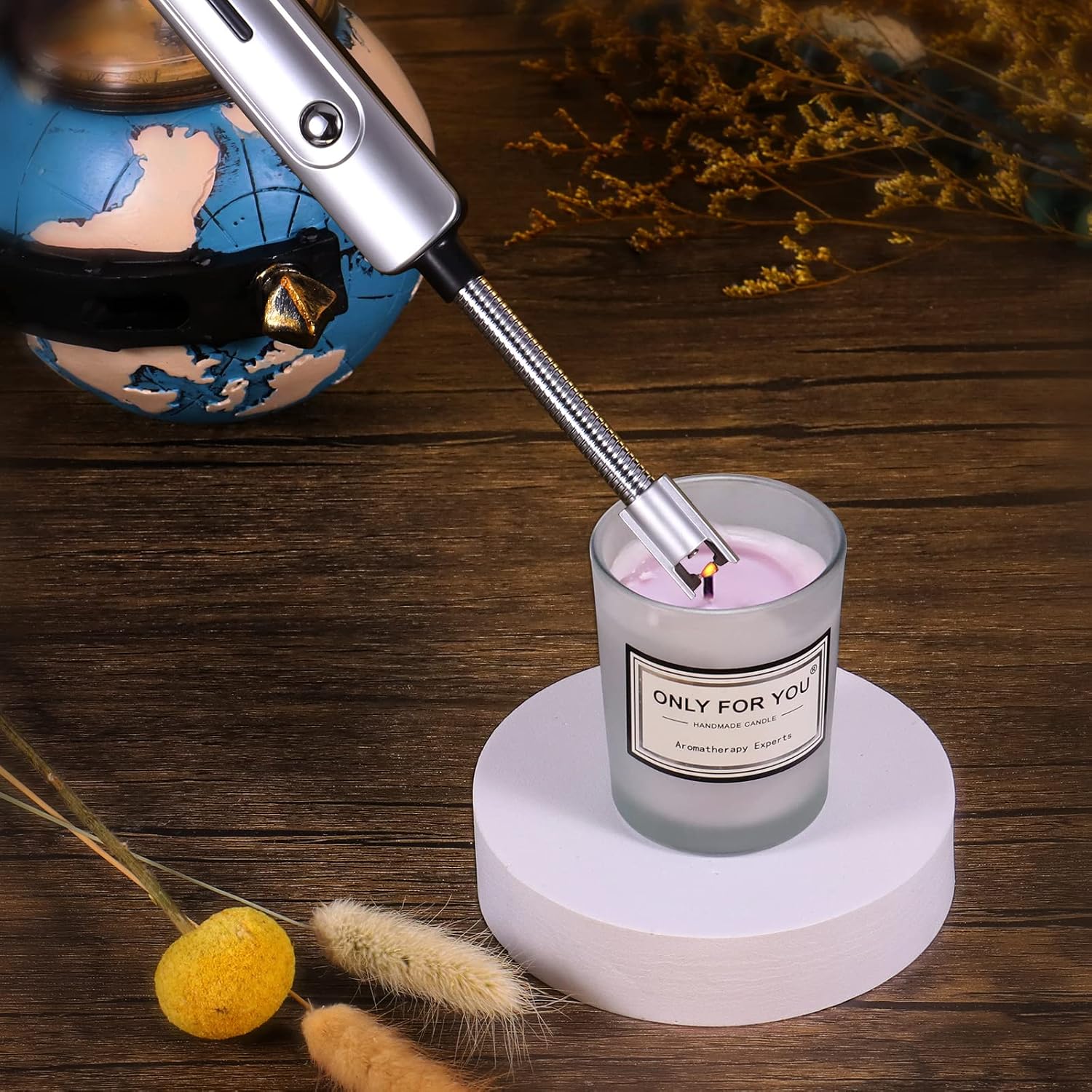 4 in 1 Candle Accessory Set, Electric Lighter, Wick Cutter, Snuffer and Dipper, Steel Wick Trimmer Set - Silver