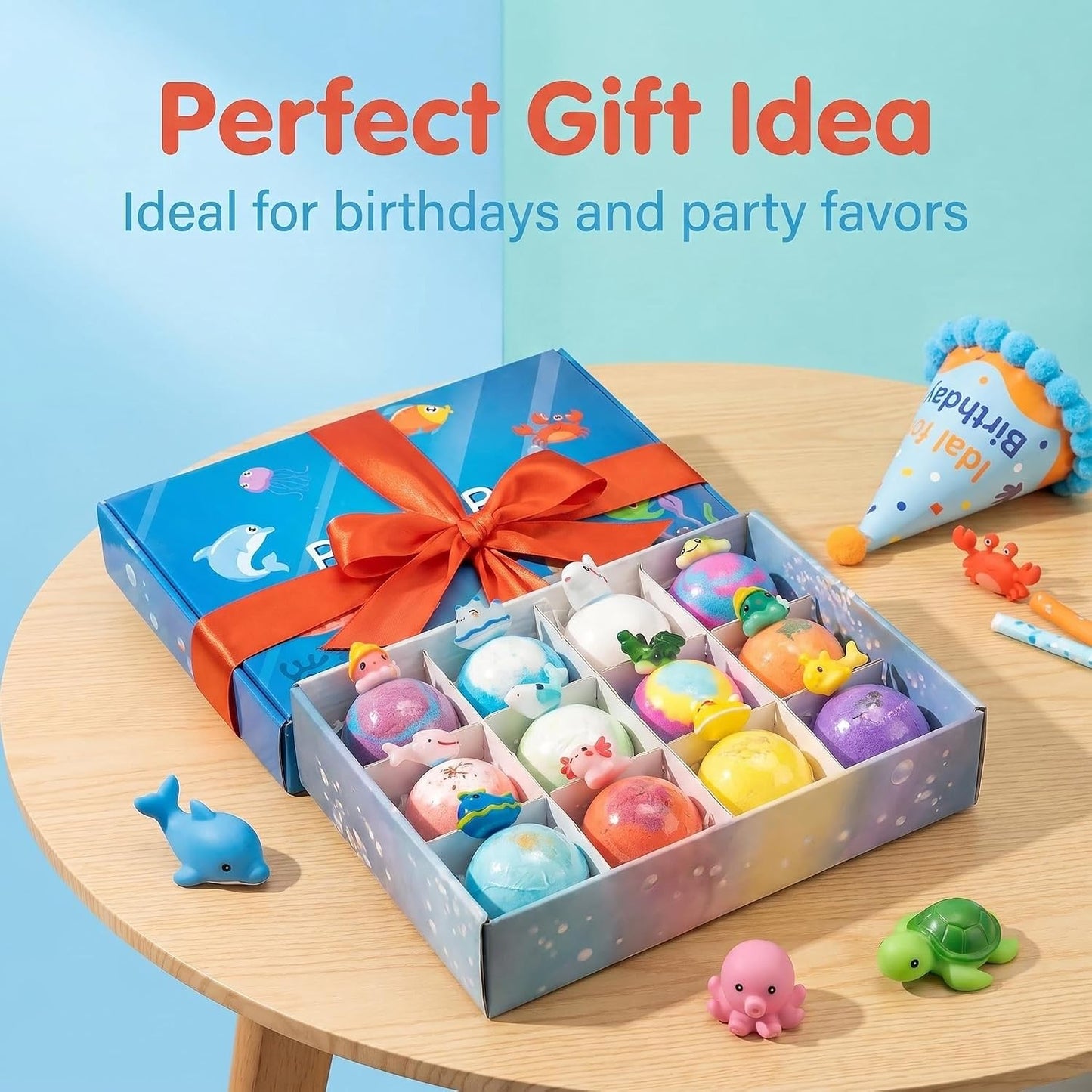 Ocean-Themed Bath Bombs for Kids with Surprise Toys Inside, Natural Essential Oil Bath Fizzies Organic Shea Butter & Sea Salt - Birthday Gifts for Boys & Girls (12pcs)
