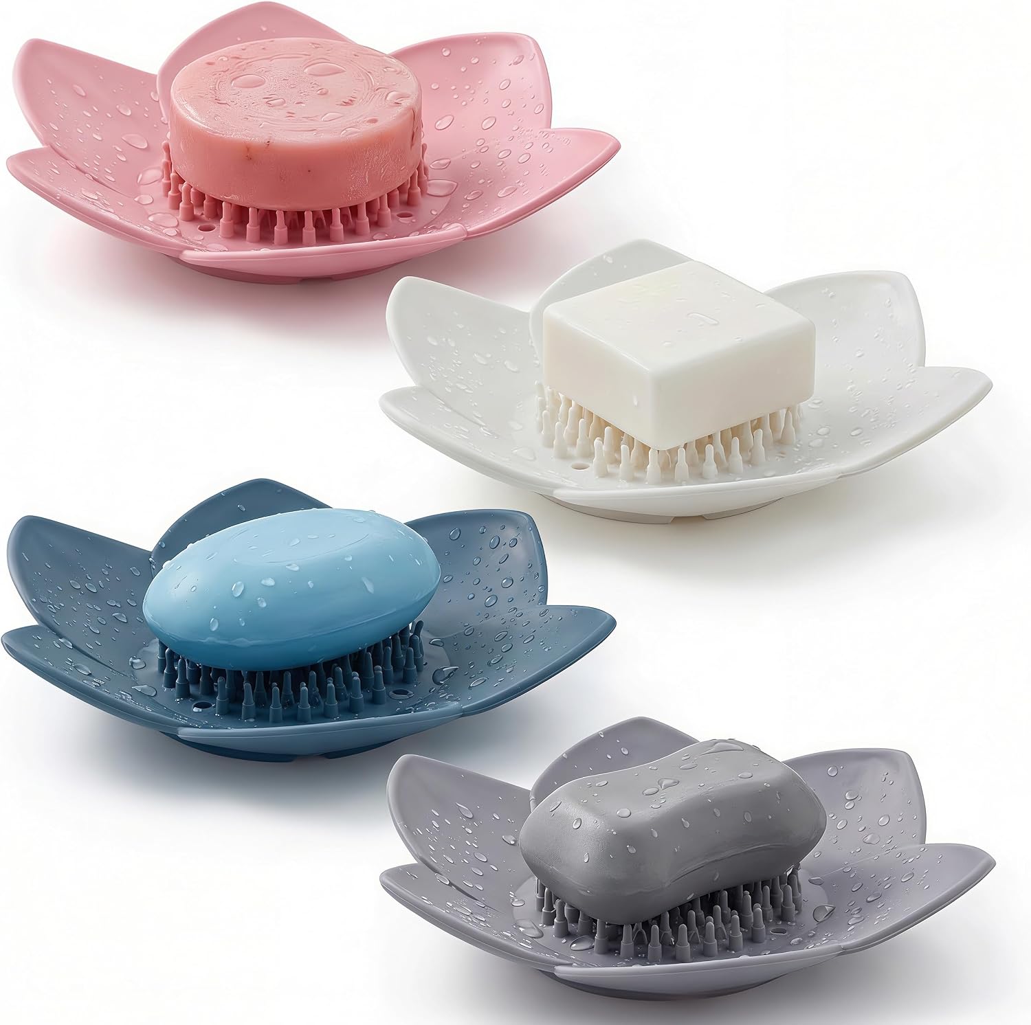 4 Pack Lotus Shower Steamer Trays, Silicone Soap Holder with Self Draining - Elegant Mixed Colors Lotus Flower Shape Soap Dish, Perfect for Bathroom Counter, Kitchen Sink, Shower Organizer