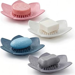 4 Pack Lotus Shower Steamer Trays, Silicone Soap Holder with Self Draining - Elegant Mixed Colors Lotus Flower Shape Soap Dish, Perfect for Bathroom Counter, Kitchen Sink, Shower Organizer