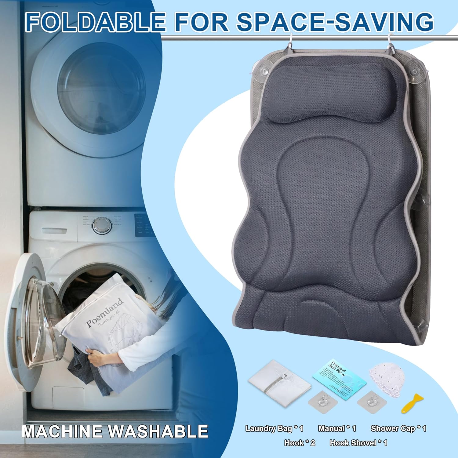 Poemland Full Body Bath Pillow for Tub - Extra Long & Thick Tub Pillow with Head, Back & Lumbar Support, 168 Non-Slip Suction Cups, Soft 5D Mesh Spa Cushion, Fits All Tubs-Gift for Soaking(Gray)