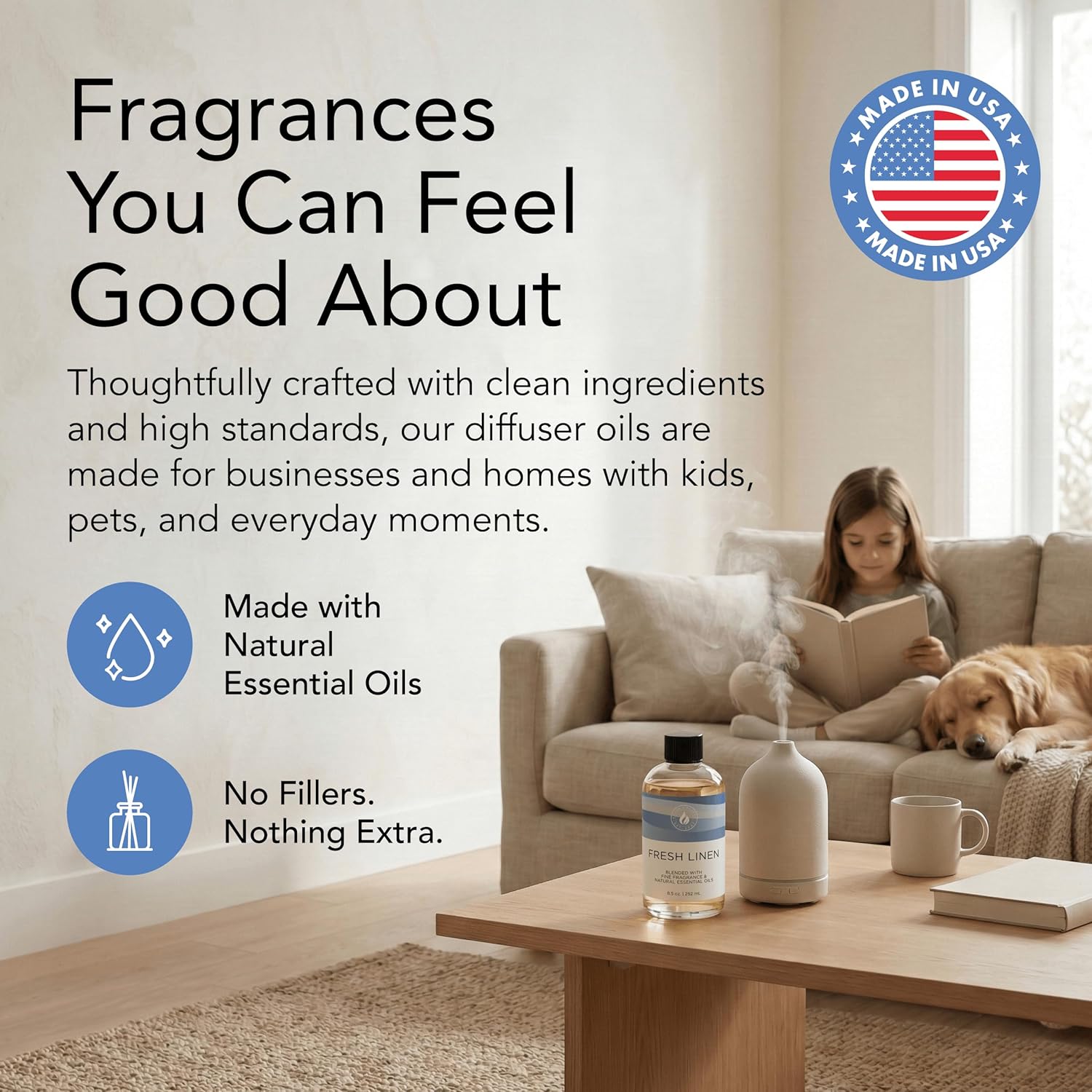 AROMA COUNTRY Fresh Linen Diffuser Oil - Luxury Essential Oils for Diffuser Refill & Air Freshener Room Spray, Long-Lasting, Natural Home Fragrance & Hotel Scent for Diffusers & Machines (4 Fl oz.)