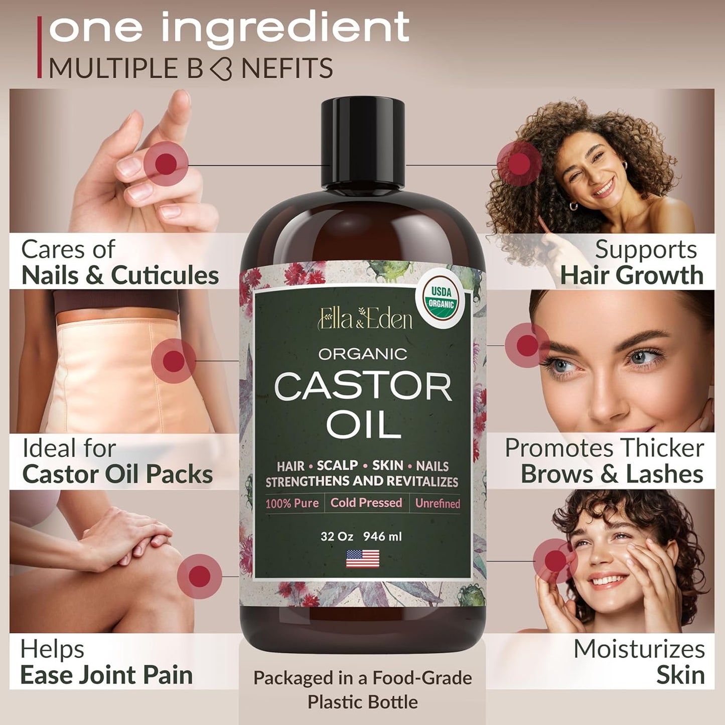 Ella & Eden Organic Castor Oil, Cold-Pressed Hexane-Free, 32 fl oz | USDA Certified, 100% Pure, Unrefined, For Hair Growth, Skin and Face